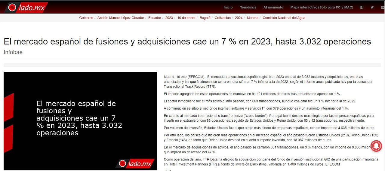 El mercado espaol de fusiones y adquisiciones cae un 7 % en 2023, hasta 3.032 operaciones